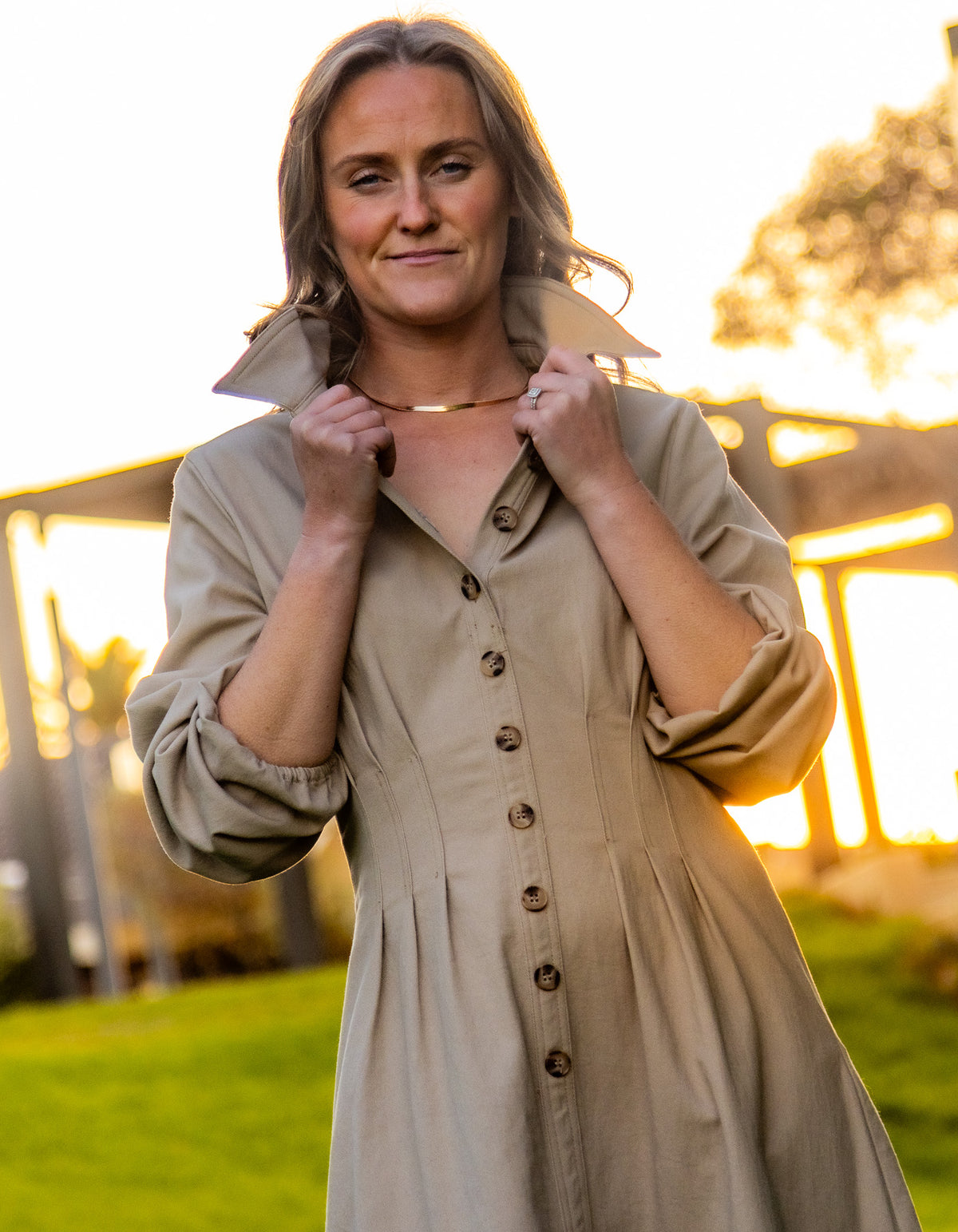 Claire Long Sleeve Button Down Midaxi Dress in Latte Denim