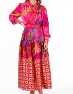 Shuba Gold Button Down Midaxi Dress in Pink Print