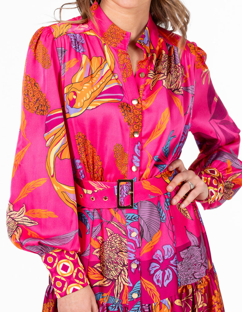 Shuba Gold Button Down Midaxi Dress in Pink Print