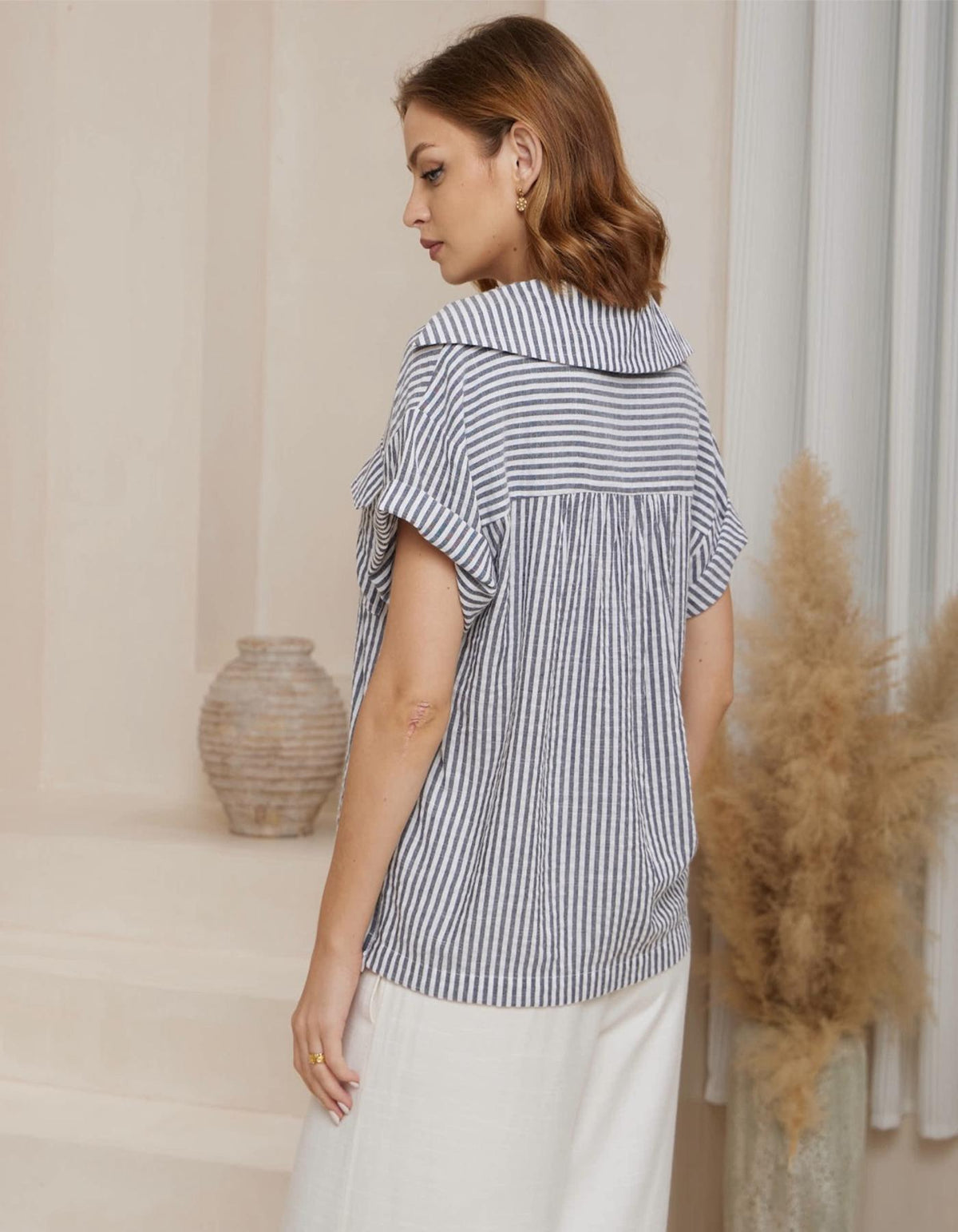 Melia Scoop Front Short Sleeve Shirt in Grey Stripe