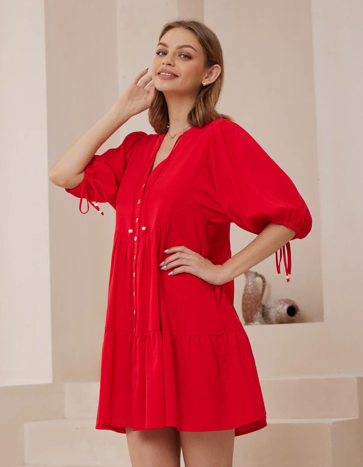 Presley Button Front V Neck Dress in Red