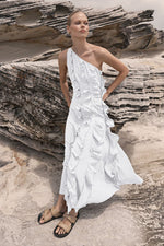 Tuscan One Shoulder Frill Front Midaxi Dress in White