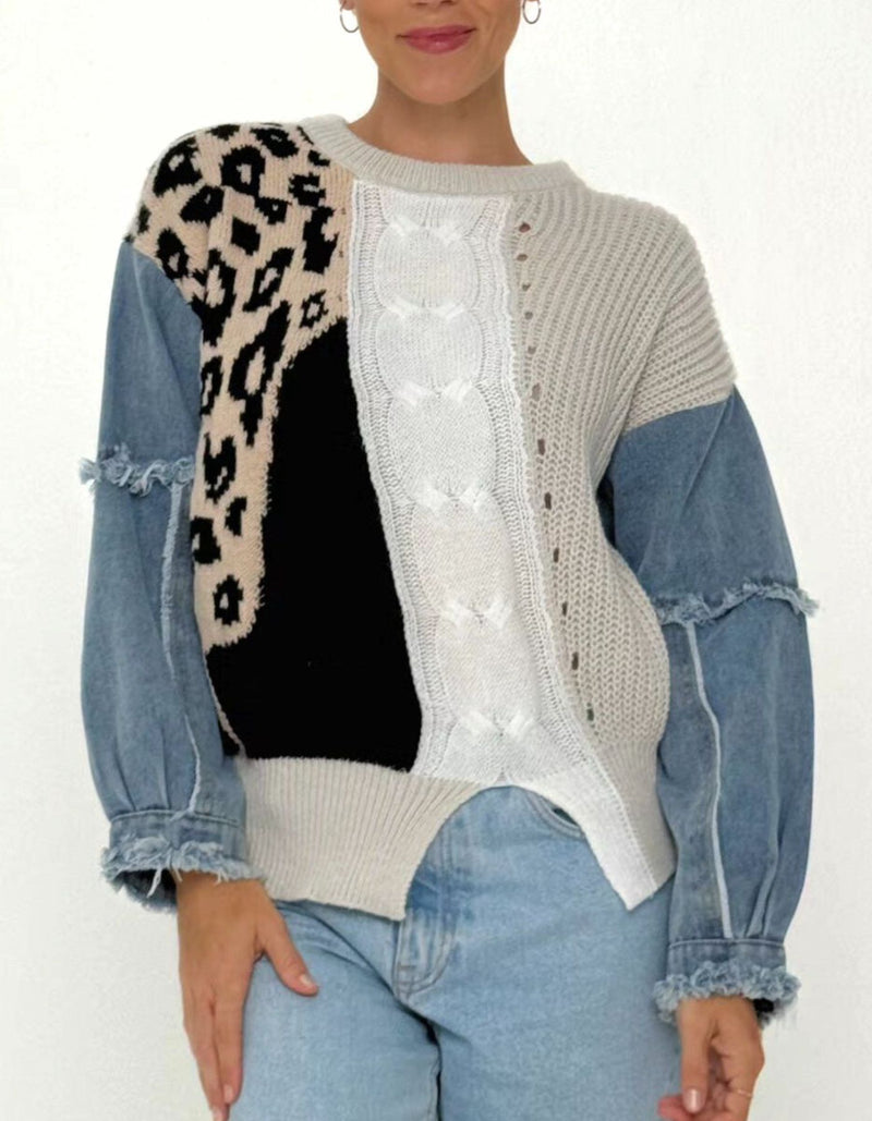 Tessa Denim Sleeve Knit Jumper in White/Blue/Black