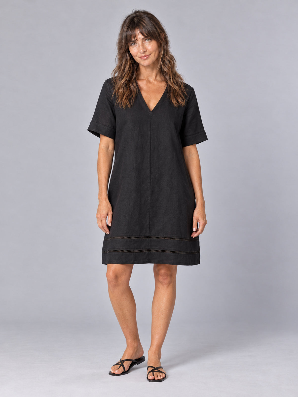 Astrid Black Linen V Neck Shift Dress