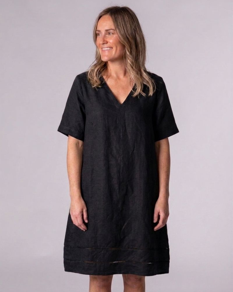 Astrid Black Linen V Neck Shift Dress