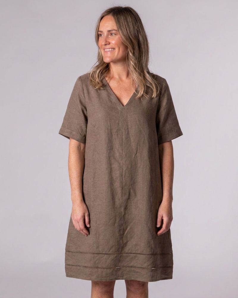 Astrid Brown Linen V Neck Shift Dress