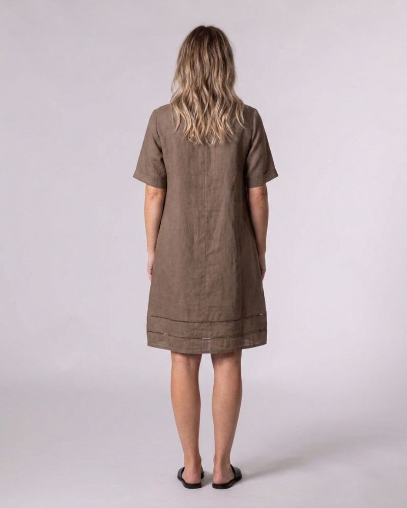 Astrid Brown Linen V Neck Shift Dress