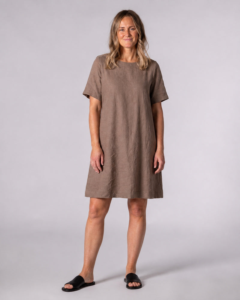 Elke Brown Linen Round Neck Shift Dress