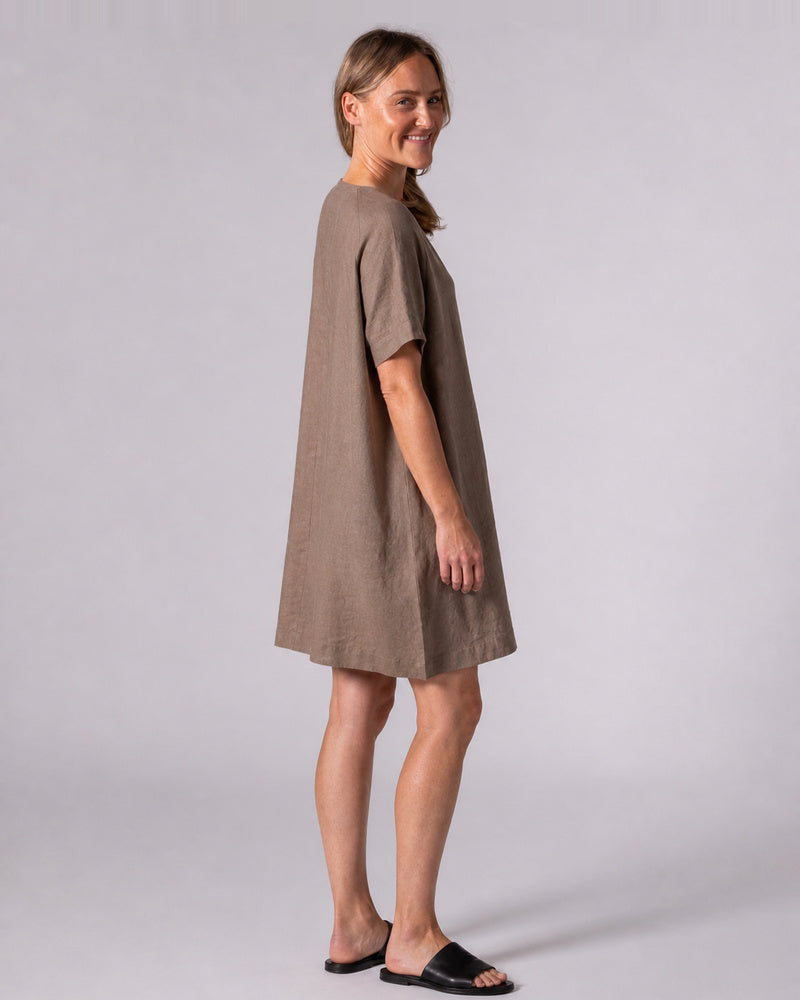 Elke Brown Linen Round Neck Shift Dress