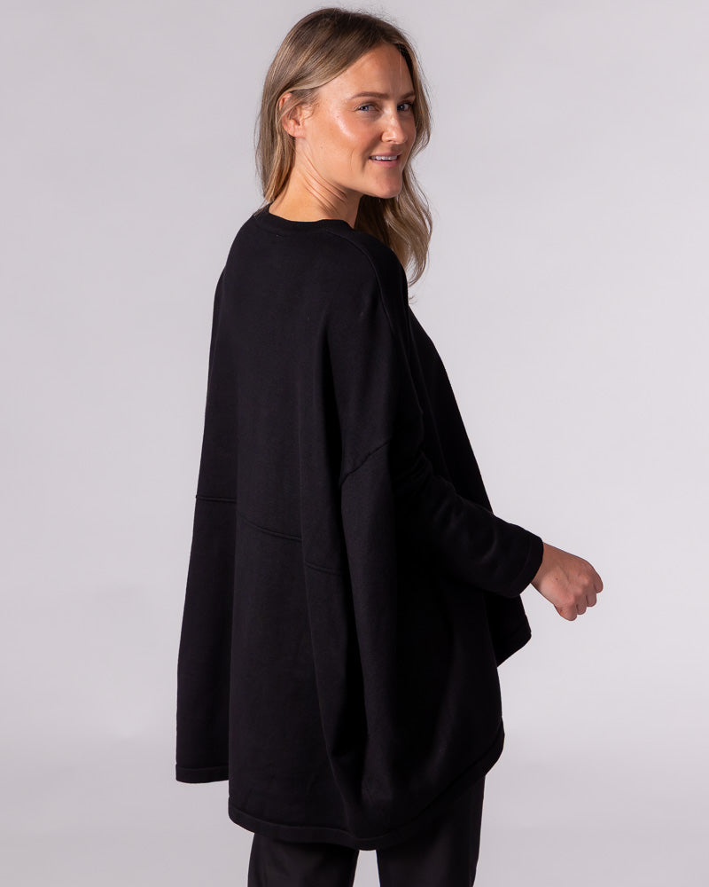 Black oversized knit jumper viewed from the back, featuring horizontal seaming and a draped high-low hem.