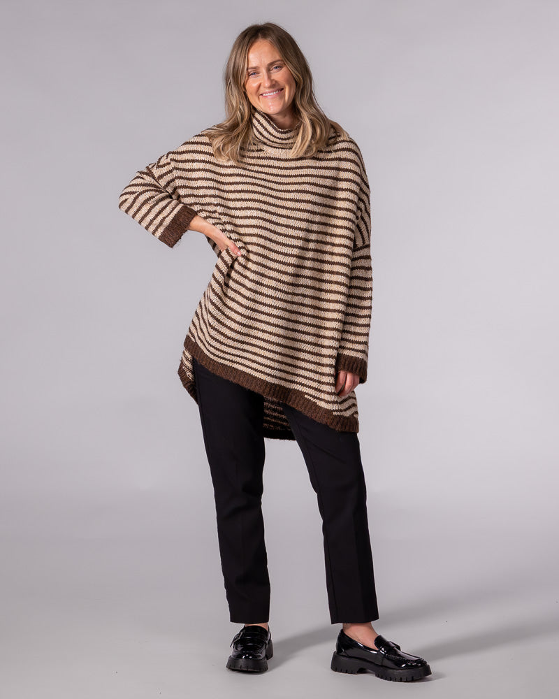 Oversized chocolate and beige striped knit jumper with a funnel neck, drop shoulders and scooped high-low hem.