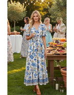 Sprout Drawstring Waist Midi Dress in Blue Floral