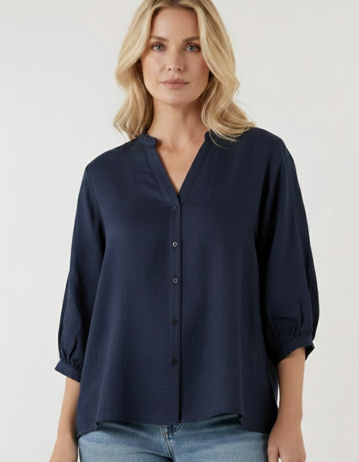Storm Button Down Collarless Linen Shirt in Navy