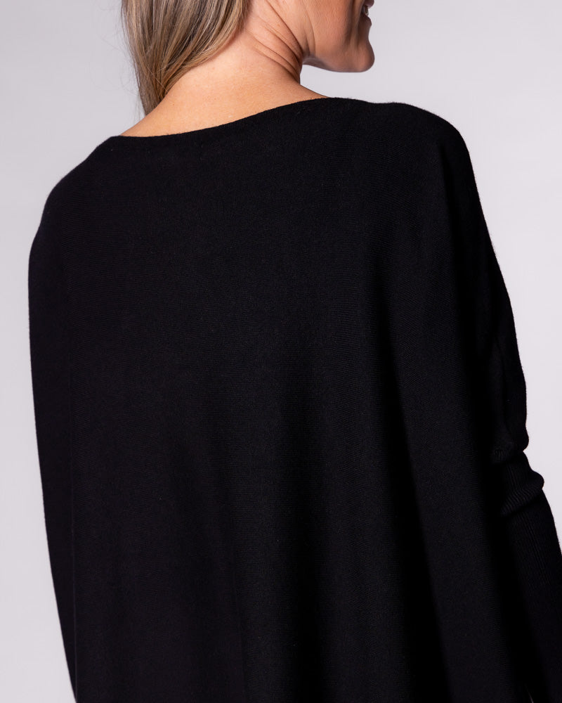 Close-up on the upper back of the black cotton jumper, revealing the subtle ribbed texture and clean rear neckline.
