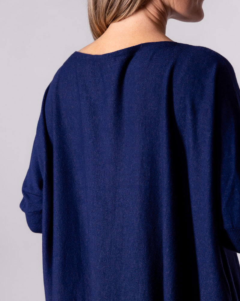 Close-up on the upper back of the navy cotton knitwear, revealing the clean rear neckline and drop shoulders.