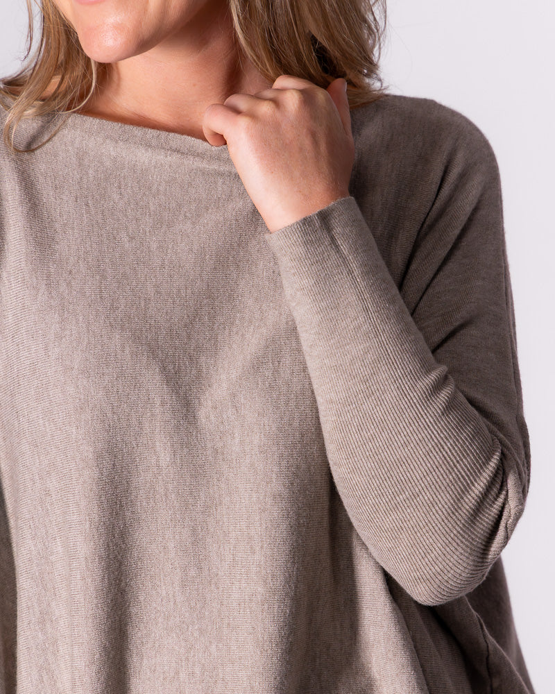 Front detail shot of the taupe cotton knitwear, focusing on the wide boat neckline and soft fabric texture.