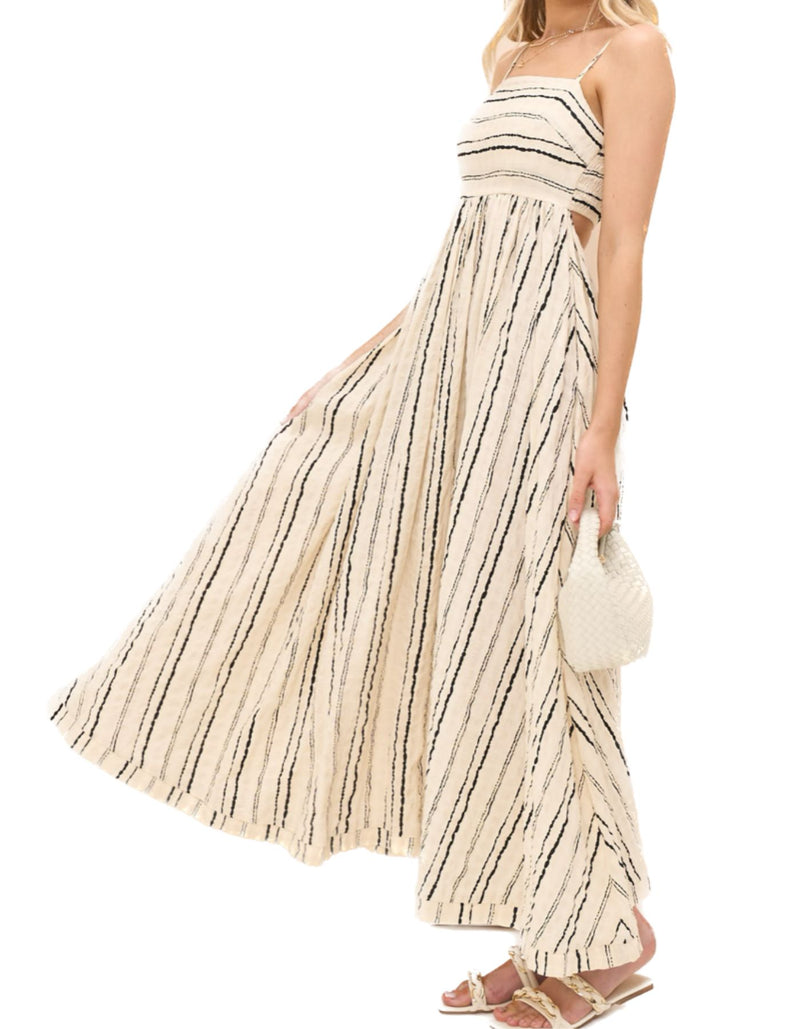 Cleo Shirred Back Maxi Dress in Beige Stripe