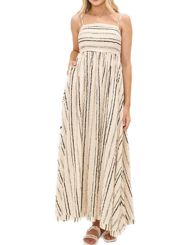 Cleo Shirred Back Maxi Dress in Beige Stripe