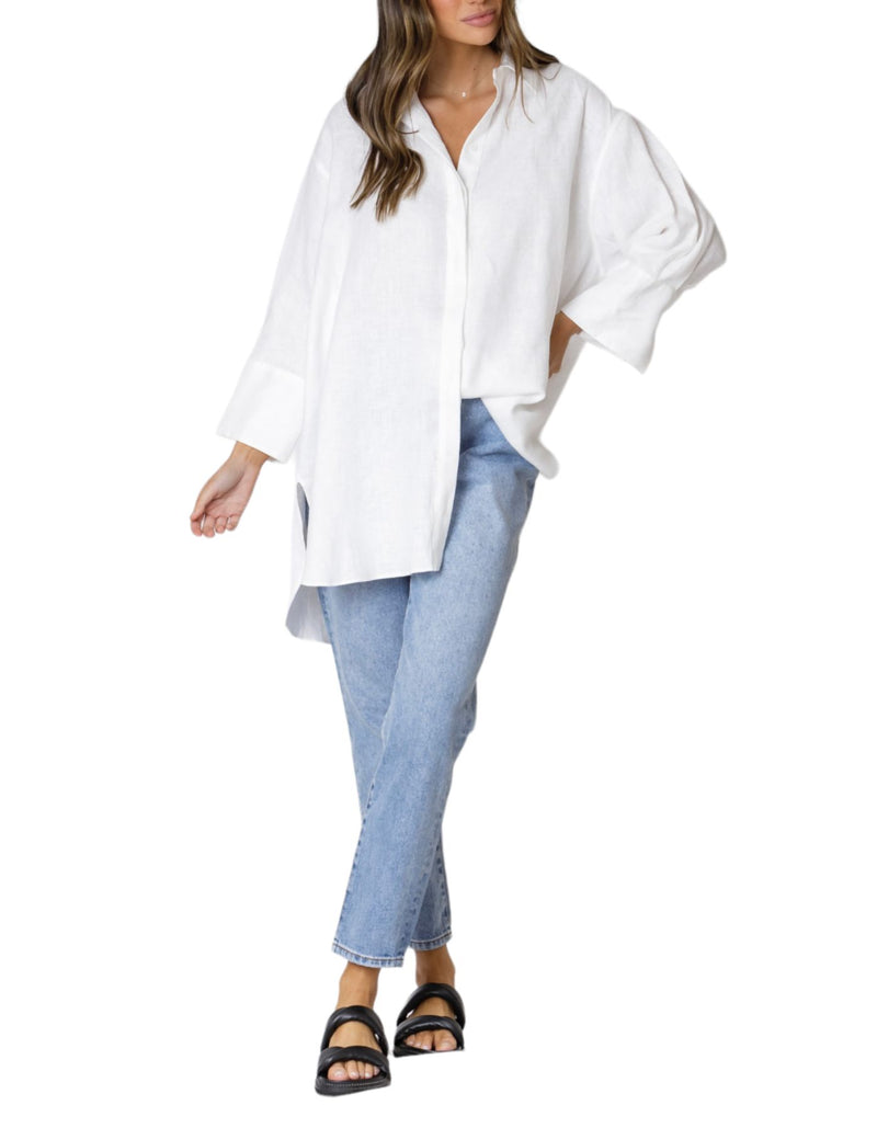Nivara Oversize Cuff Shirt in White Linen