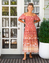 Hallie Shirred Bodice Dress in Salmon Floral