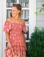 Hallie Shirred Bodice Dress in Salmon Floral