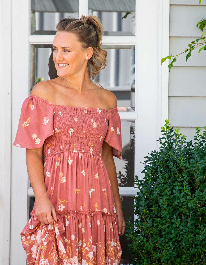 Hallie Shirred Bodice Dress in Salmon Floral