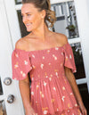 Hallie Shirred Bodice Dress in Salmon Floral