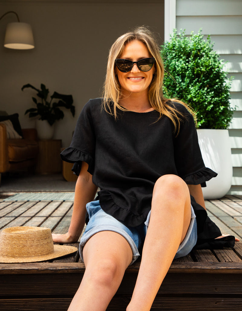 Millie Relaxed Fit Top in Black Linen