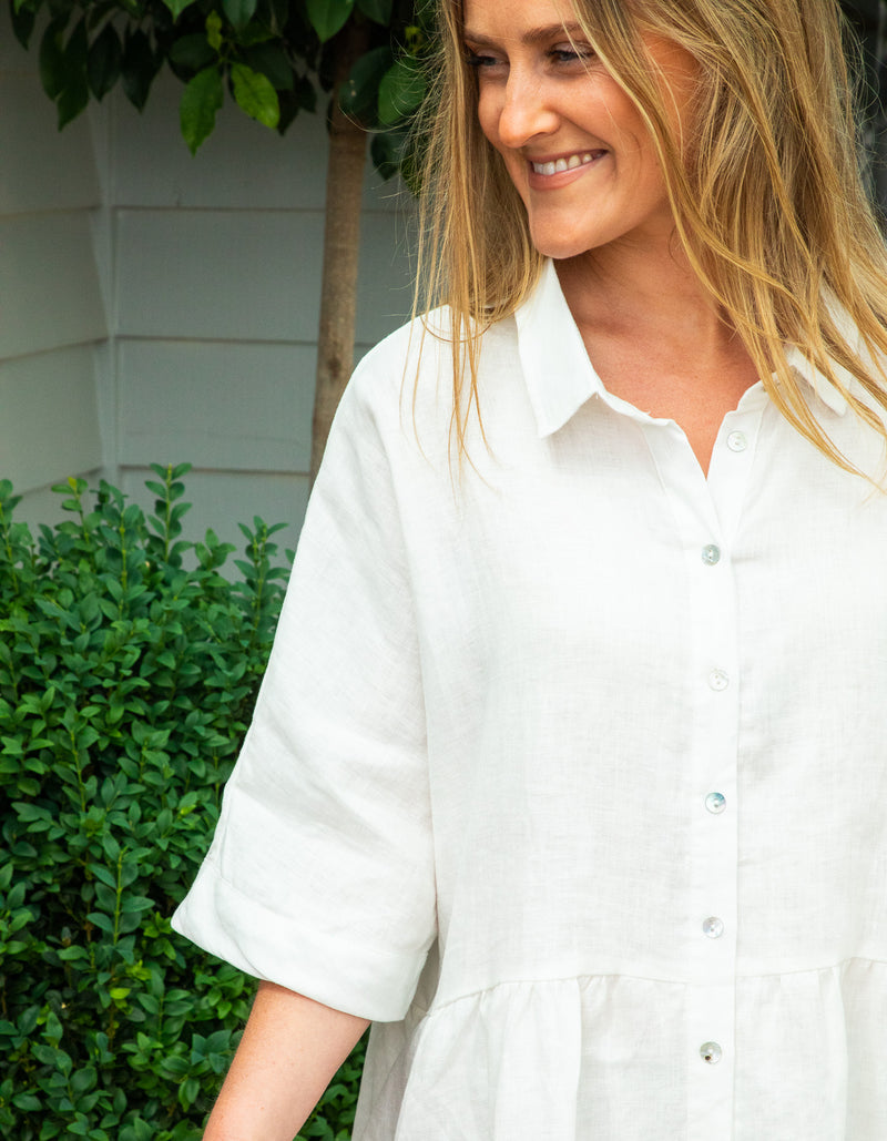 Opal Oversized Button Front Linen Dress in White