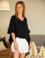 Harley V Neck Top With Frill Sleeve in Black Linen