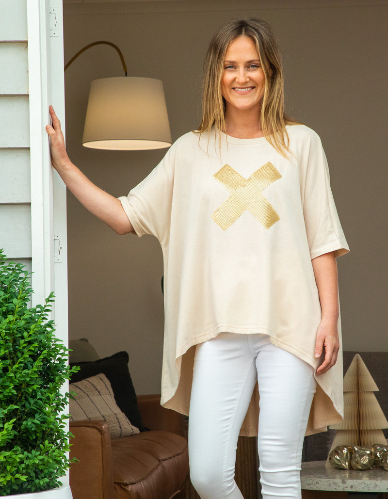 Xavier Sequin Cross Tee in Taupe