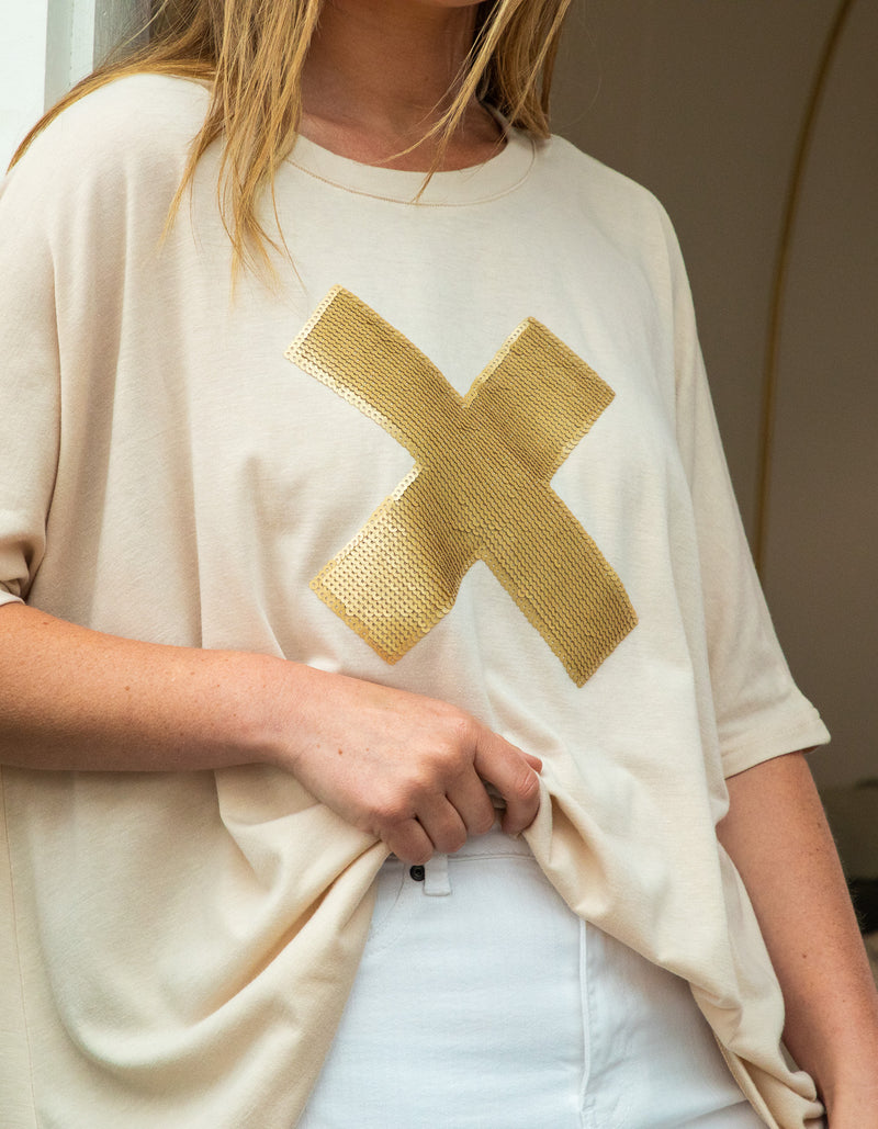 Xavier Sequin Cross Tee in Taupe