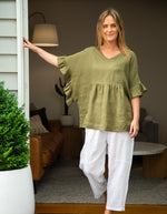 Harley V Neck Top With Frill Sleeve in Khaki Linen