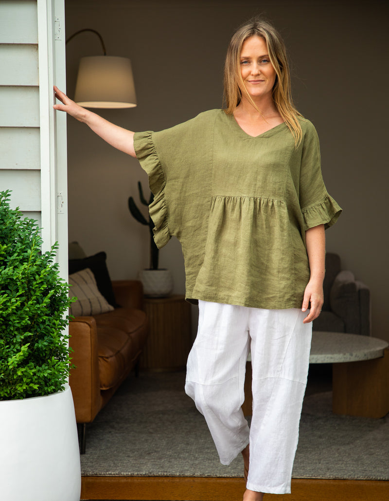 Harley V Neck Top With Frill Sleeve in Khaki Linen