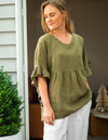 Harley V Neck Top With Frill Sleeve in Khaki Linen