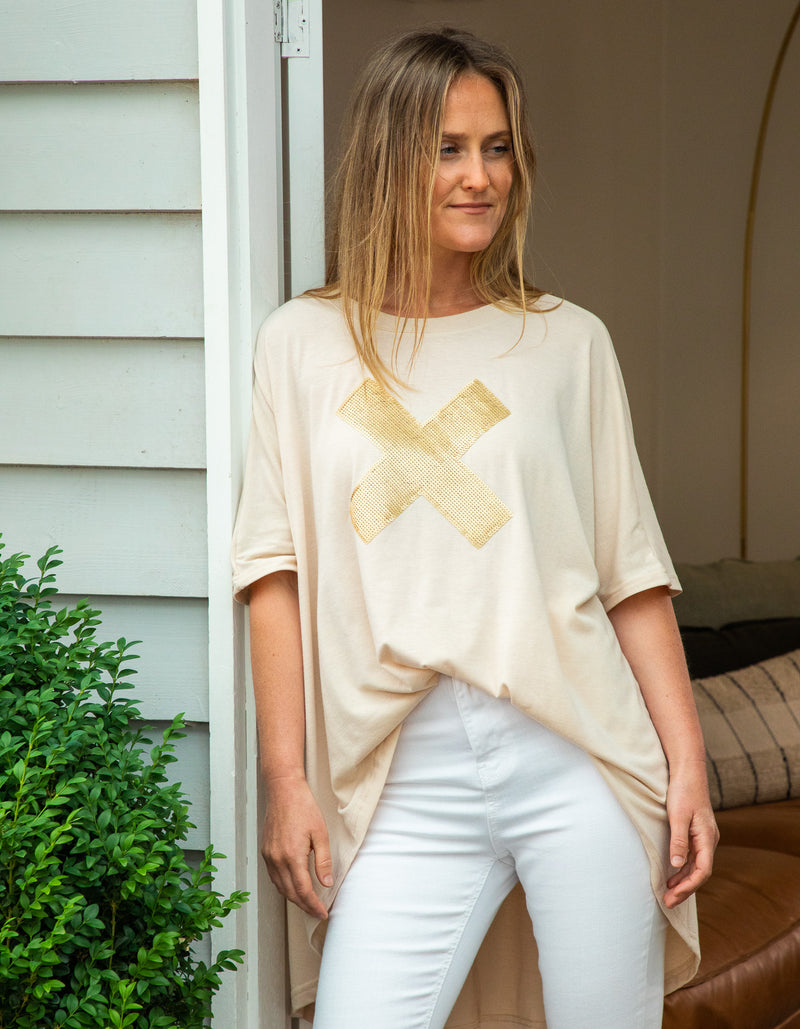 Xavier Sequin Cross Tee in Taupe