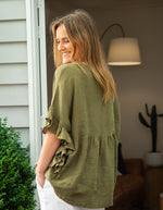 Harley V Neck Top With Frill Sleeve in Khaki Linen