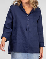 Ollie Long Sleeve Half Button Shirt in Navy Linen