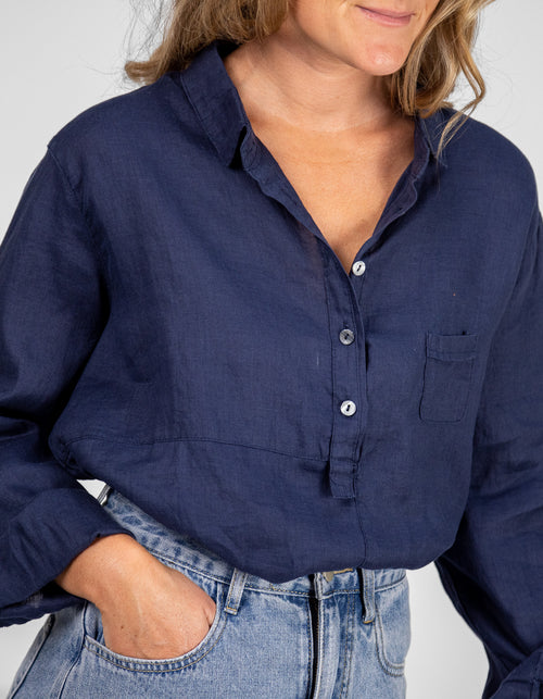 Ollie Long Sleeve Half Button Shirt in Navy Linen