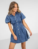 Eva Button Front Puff Sleeve Denim Dress in Mid Blue