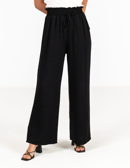 Dana Elastic Waist Linen/Cotton Pants in Black