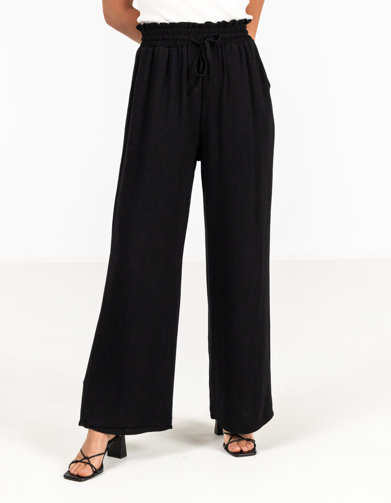 Dana Elastic Waist Linen/Cotton Pants in Black
