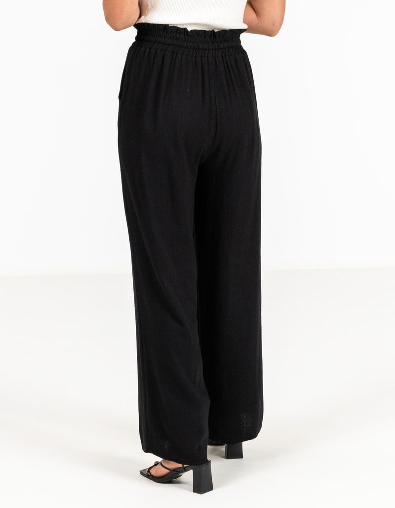 Dana Elastic Waist Linen/Cotton Pants in Black