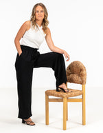 Dana Elastic Waist Linen/Cotton Pants in Black