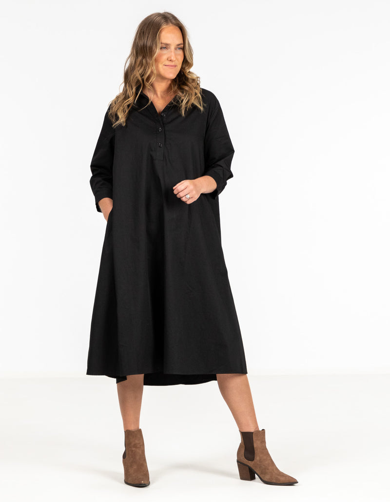 Brady Midi Shirt Dress in Black with Tan Belt