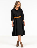 Brady Midi Shirt Dress in Black with Tan Belt