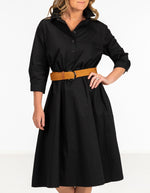Brady Midi Shirt Dress in Black with Tan Belt
