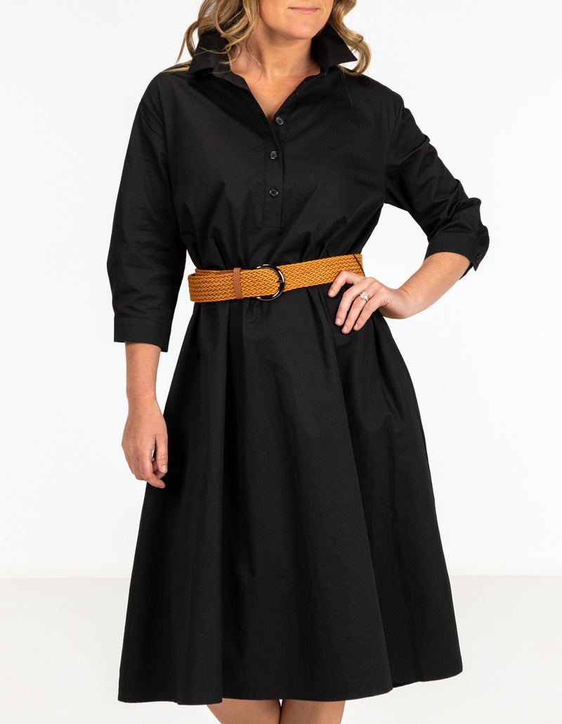 Brady Midi Shirt Dress in Black with Tan Belt