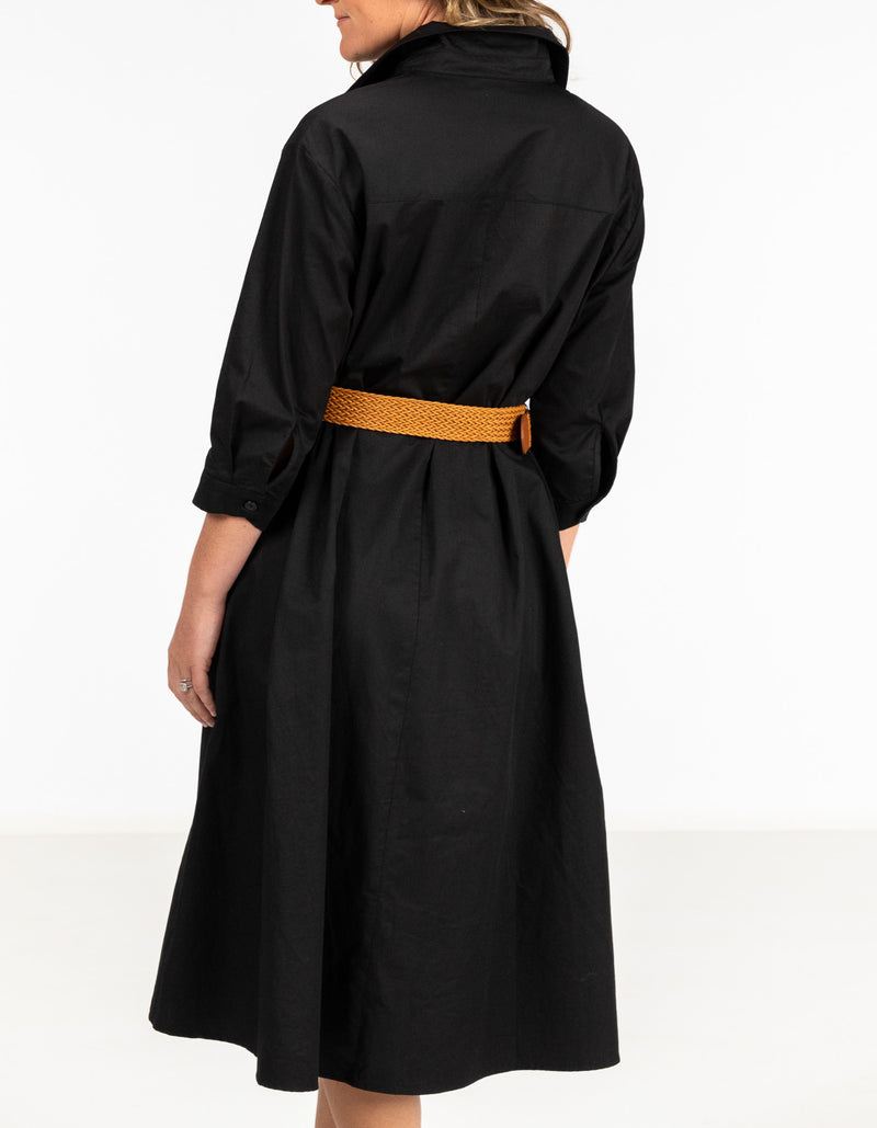 Brady Midi Shirt Dress in Black with Tan Belt