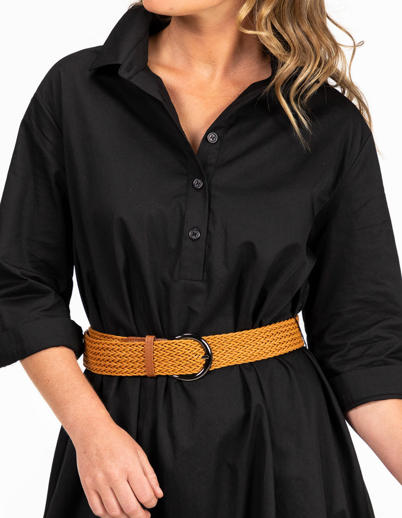 Brady Midi Shirt Dress in Black with Tan Belt